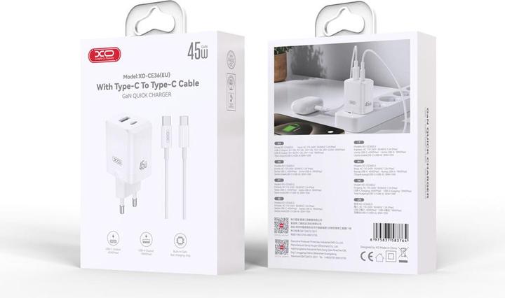 Produktbild xO wall charger CE36 PD 45W 1x USB-C 1x USB white + cable USB-C - USB-C (45 W, 2 Ports)