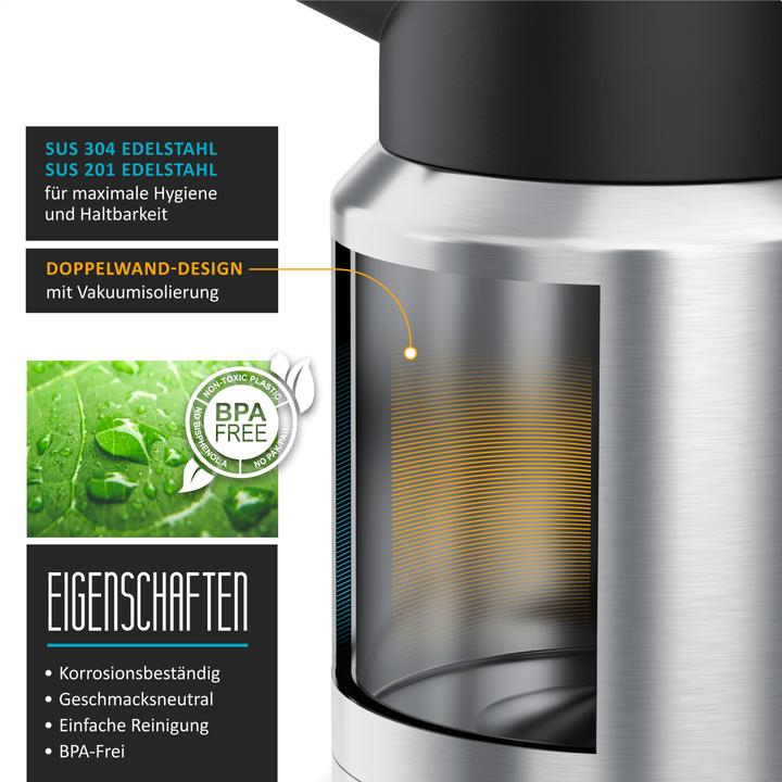 Immagine prodotto Arendo Isolierkanne 1,2 L, Thermoskanne Edelstahl mit Holzgriff, doppelwandig, auslaufsicher, 1200 ml (1.20 l)