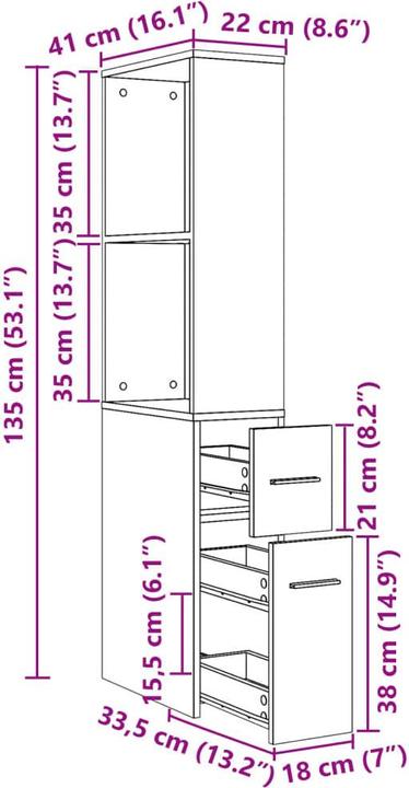 Image du produit vidaXL Armoire de salle de bain Étroite avec roulettes (22 x 41 x 135 cm)