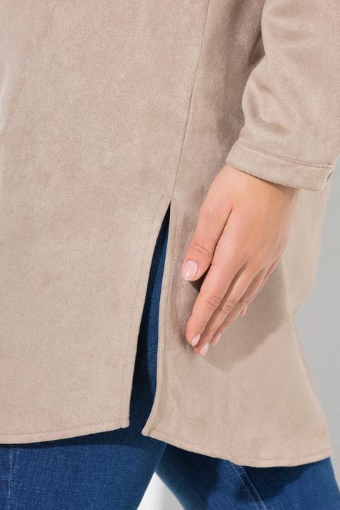 Image du produit Ulla Popken Veste longue aspect cuir suédé, col chemise et manches longues, coupe évasée (62)
