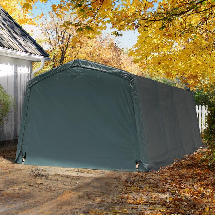 Actual product image Toolport Zeltgarage ca. 3,3 x 6,2 m PREMIUM Carport PE 600 N Plane Unterstand Lagerzelt Garage in dunkelgrün