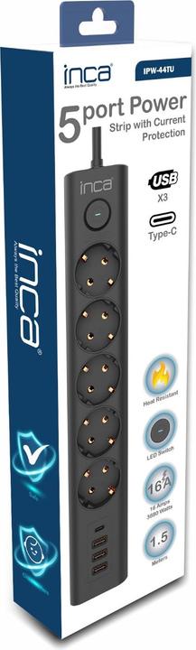 Actual product image Inca Socket strip IPW-44TU 5 sockets, 3 USB-A+1 type-C, 1.5m (5x, USB-A, USB-C, 1.50 m)