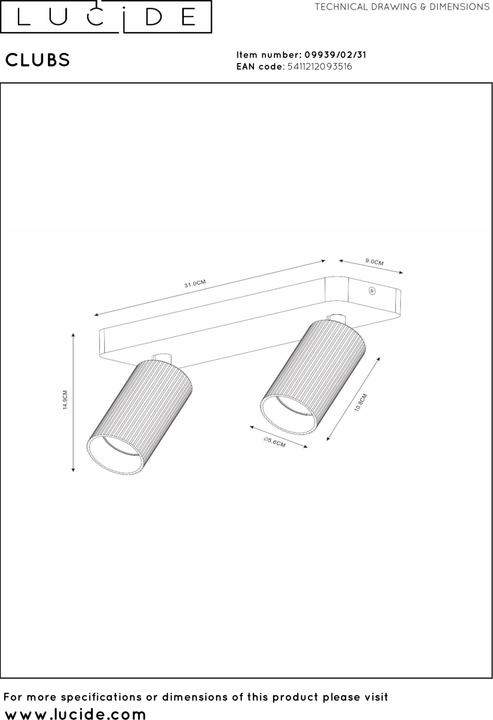 Actual product image Lucide CLUBS - Ceiling spotlight - 2xGU10 - White 09939/02/31 (GU10)