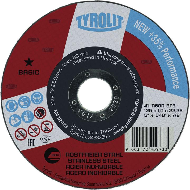 Actual product image Tyrolit Cutting disc BASIC D125x1mm straight INOX bore 22,23 mm
