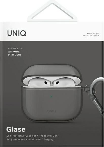 Actual product image Uniq case Glase AirPods 4 glossy smoke (Headphone sleeve)