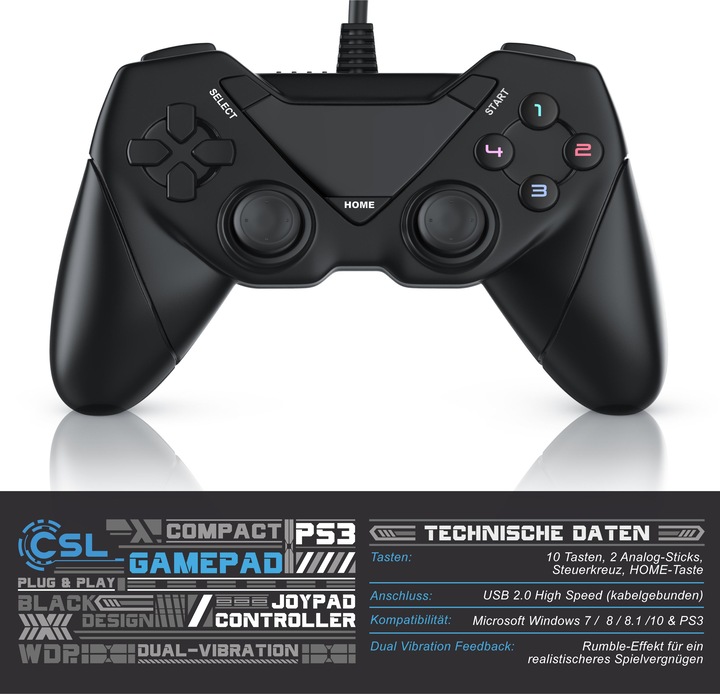 Produktbild CSL 2x Gamepad Set, Gaming USB Controller für Android, PC / PS3 / Playstation / Direct-Input / X-Input (Android, PC)