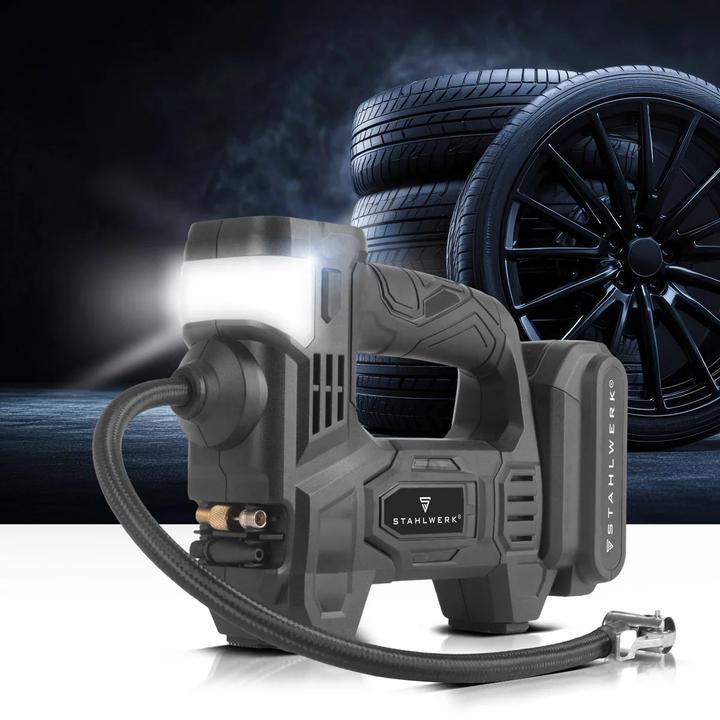 Produktbild Stahlwerk Akku Druckluftkompressor – 72 Watt Leistung und 2000 mAh Akku (10.30 Bar)