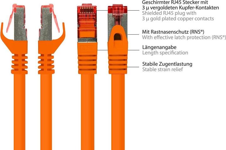 Produktbild Good Connections RNS® Patchkabel mit Rastnasenschutz, Cat. 6, S/FTP, PiMF, PVC, 250MHz, orange, 15m (S/FTP, CAT6, 15 m)