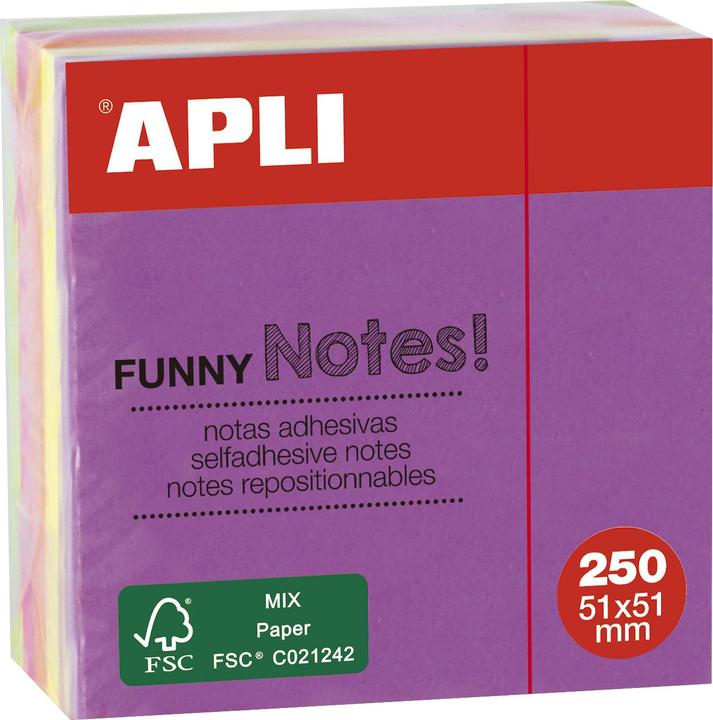 Apli Minicube mit 250 Blättern Haftnotizen, 51 x 51 mm, in 5 sortierten fluoreszierenden Farben. 50 Blatt (51 x 51 mm)