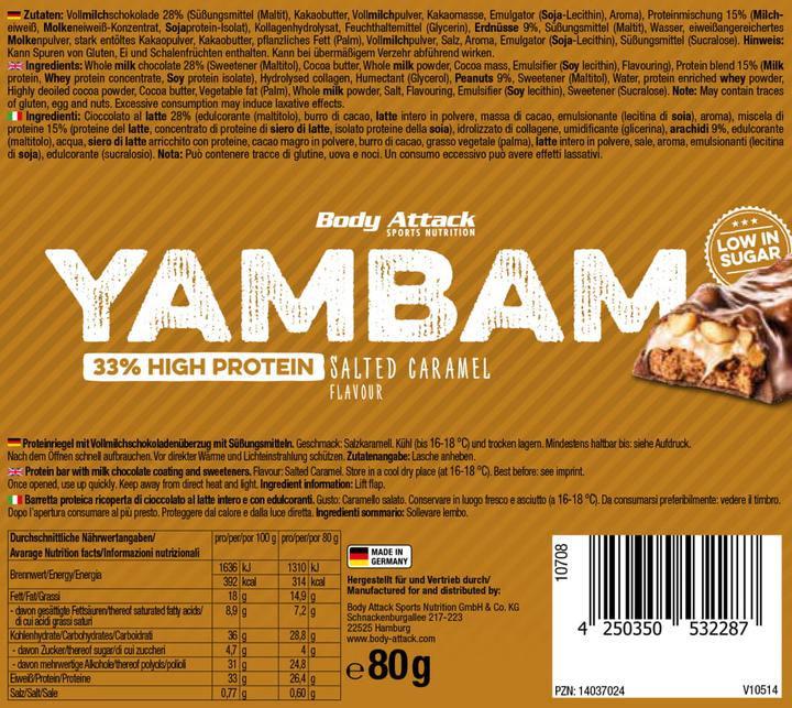 Nährwerte und Zutaten Body Attack Yambam (Peanut Butter Caramel, 1 Stk., 80 g)