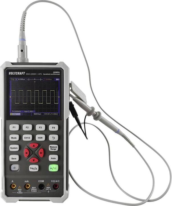 Actual product image Voltcraft DSO-2202H + AFG Handheld Oscilloscope 200MHz 2-channel 1 GSa/s 8 kpts 8 Bit Handheld 1pce. (CAT II 400V)