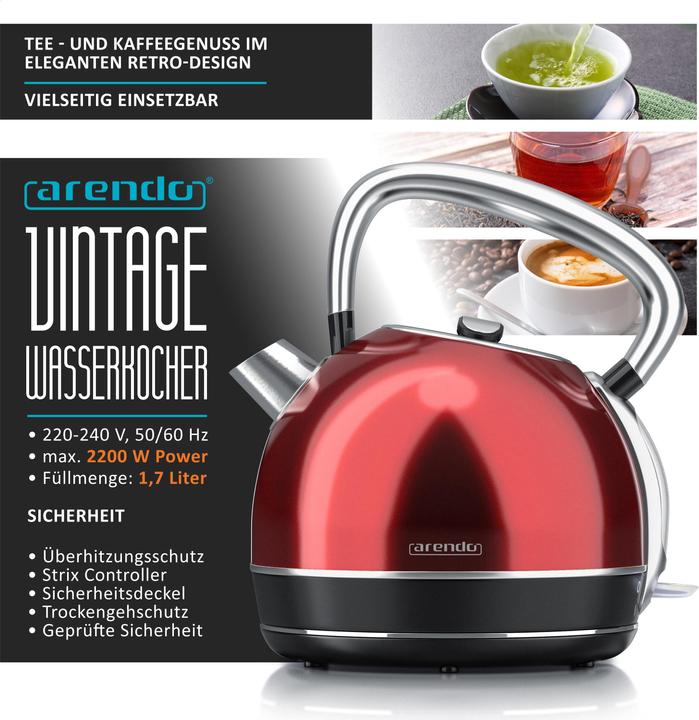 Actual product image Arendo Kettle 1.7 l, 2200 W, stainless steel, retro style, vintage, overheat & dry boil protection, red (1.70 l)