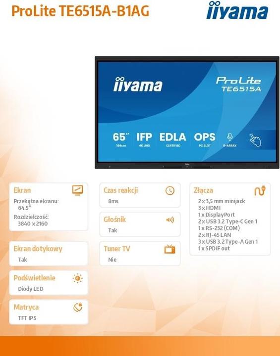 Image du produit iiyama LFD ProLite TE6515A-B1AG (3840 x 2160 pixels, 64.50")