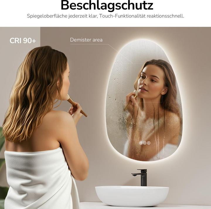 Actual product image Emke Asymmetrischer Badspiegel 65 x 45 cm mit Beleuchtung, dimmbar, 3 Lichtfarben, Touch-Schalter, beschl