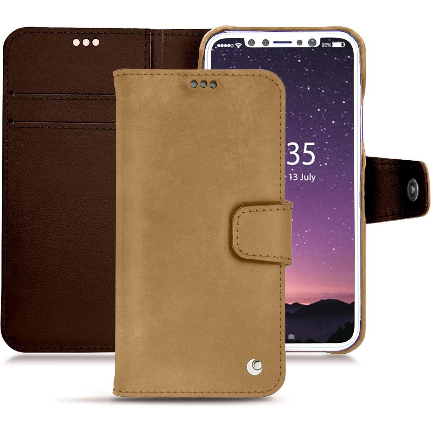 Noreve Lederschutzhülle Wallet (Apple iPhone XS), Smartphone Hülle, Braun