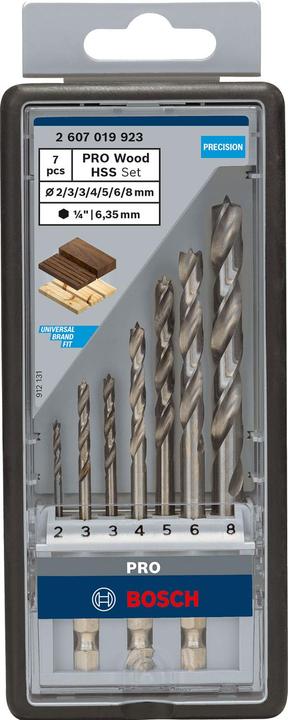 Produktbild Bosch Professional Zubehör PRO Wood HSS Holzspiralbohrer-Set. 7-tlg. (2 mm, 3 mm, 4 mm, 5 mm, 6 mm, 8 mm)