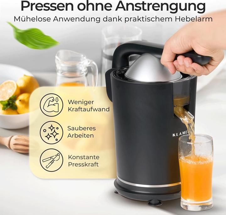 Produktbild KLAMER Saftpresse elektrisch mit zwei Presskegeln – Zitruspresse für Orangen, Zitronen, Limette…