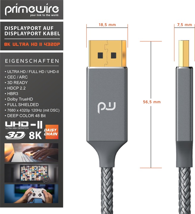 Actual product image Primewire DisplayPort Cable, DP 1.4 with Nylon Jacket 8K 7680 x 4320 @ 60Hz / 4k 3840 x 2160 120Hz with DSC (1 m, DisplayPort)