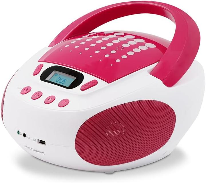 Metronic Childrens CD Player MP3 Pop Pink with USB Port Power Supply or Batteries White and Pink