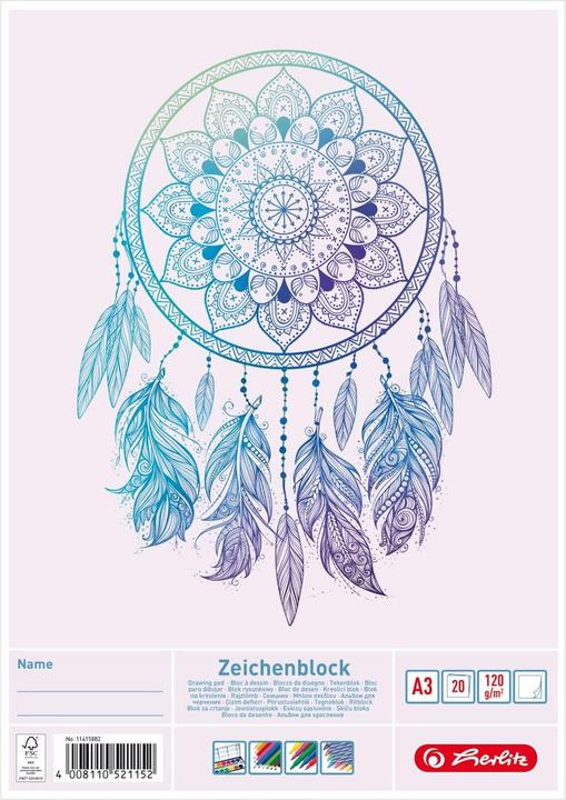 Produktbild Herlitz Zeichenblock DIN A3, 120 g/qm, 20 Blatt holzfrei, stabile Rückenpappe, mit Namensfeld auf der (A3, Blanko, Kein Einband)