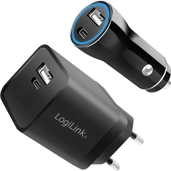 Produktbild LogiLink USB-Ladeadapter-Set, Auto & AC, USB-C/F + USB-A/F, 5 V/15 W, schwarz