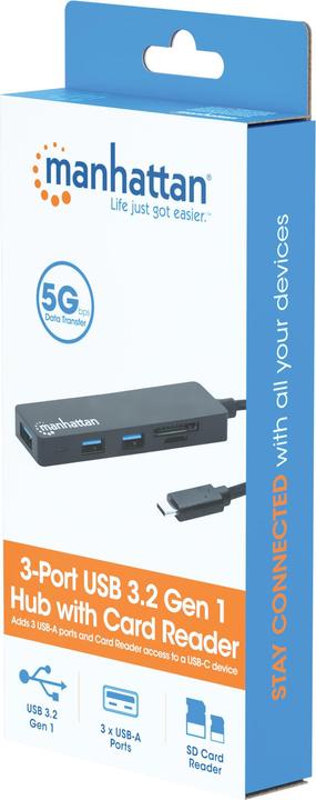Produktbild Manhattan USB 3.0 Hub mit Kartenleser (USB-C, 3 Ports)