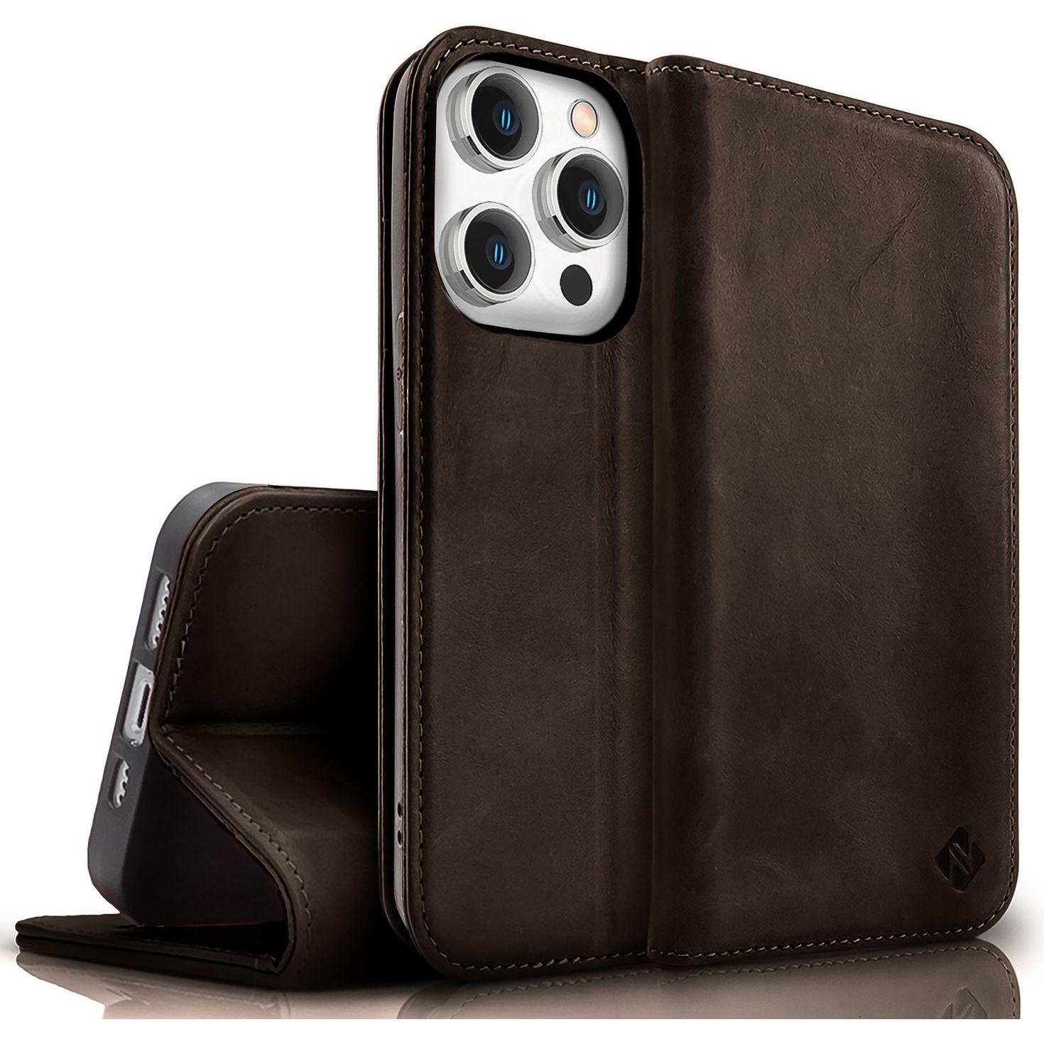 Nalia Echt Leder Flip Case Hülle mit Magnetverschluss (Apple iPhone 15 Pro), Smartphone Hülle, Braun