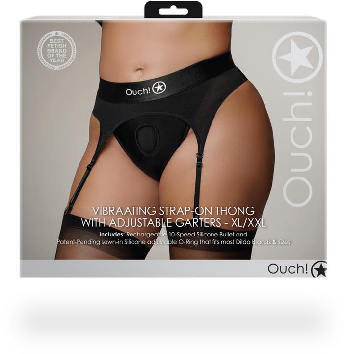 Productafbeelding Ouch! Vibrerende string, verstelbare kousenbanden - Zwart-XL/XXL