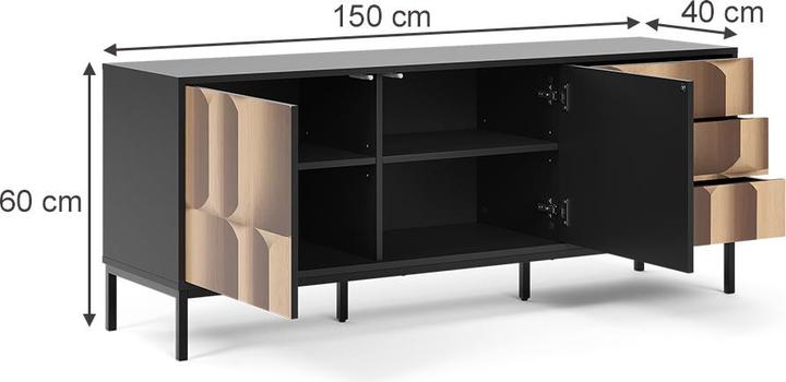 Actual product image Vicco Sideboard Eliza, Black/oak, 150 x 60 cm with 3 drawers (150 x 60 x 40 cm)