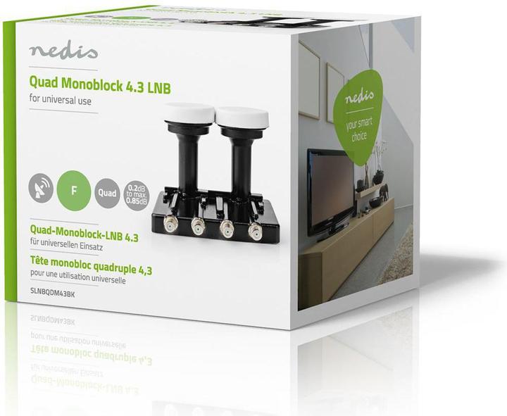 Actual product image Nedis LNB Quad Monoblock 4.3 ° Output connector: 4X F-Connector Noise figure range: 0.85 dB Converse (Quad LNB)