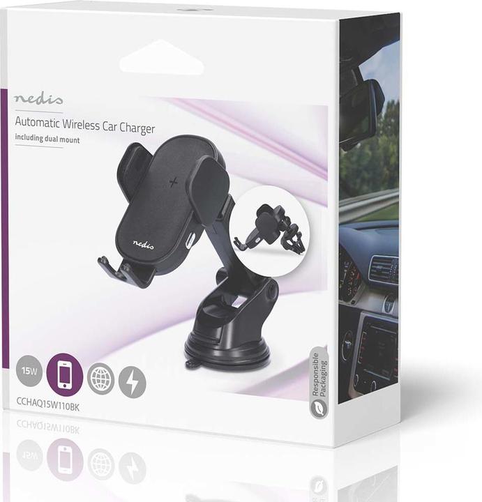 Produktbild Nedis Funk-Kfz-Ladegerät | Qi zertifiziert | 7.5 / 10 / 15 W | 1.5 / 1.67 / 2 A | 1.00 m | FOD / Übe