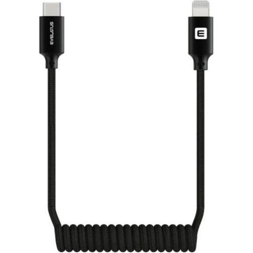 Evelatus Cable AutoSpring Coiled Cable USB C to Lightning connector 1.2M black cable (1.20 m), Cavo USB