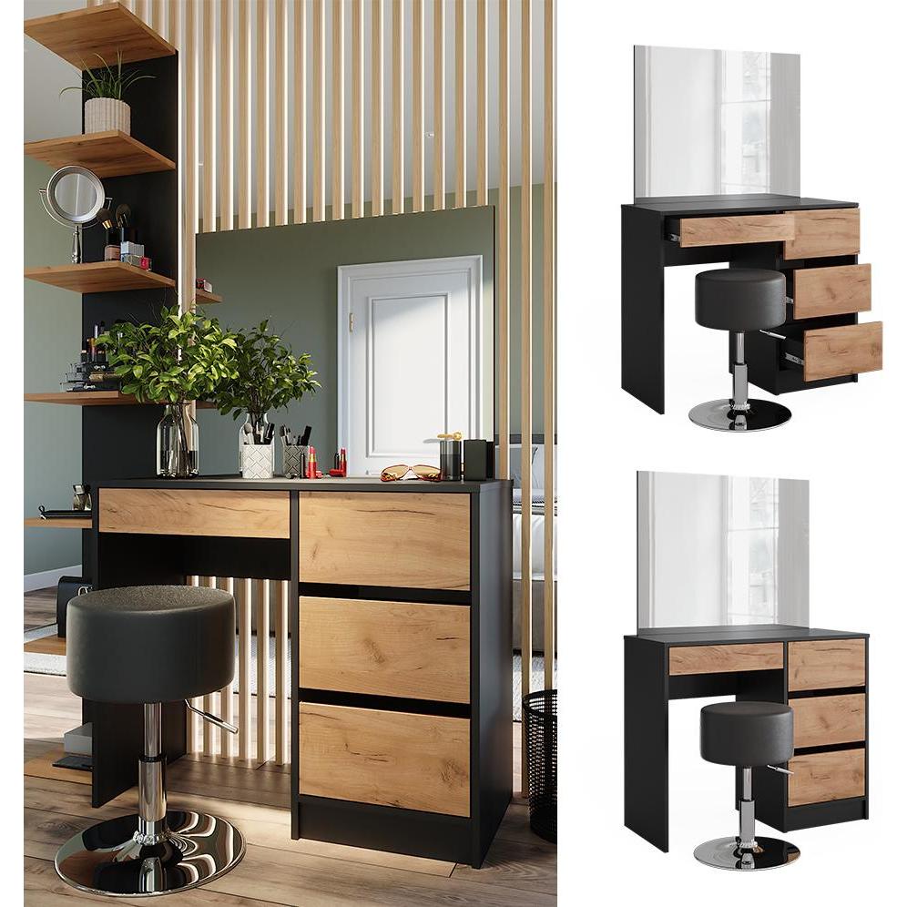 Thumbnail - Vicco, Schminktisch, Schminktisch Sherry, Anthrazit/Goldkraft Eiche, 90 x 75 cm mit Spiegel & Hocker (90 x 75 x 40 cm)
