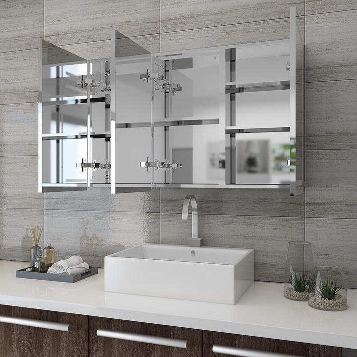 Actual product image SONNI Leuchtspiegelschrank, 105 x 65 cm, Edelstahl, kabelloses Scharnierdesign, mit Steckdosen und T