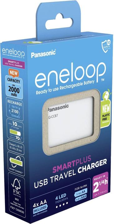 Immagine prodotto Panasonic eneloop Smart Plus USB Travel Charger BQ-CC87 (5 pz., AA, 2000 mAh, Batteria + Caricabatterie)