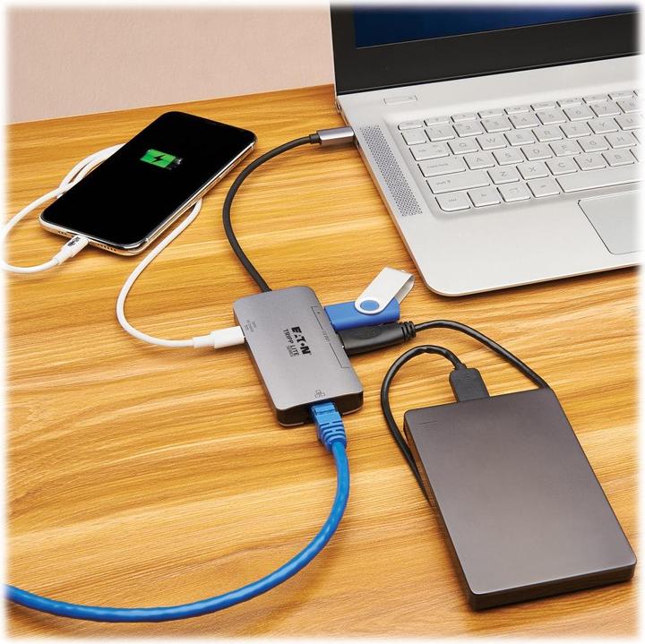 Actual product image Eaton 3-Port USB-C Hub - USB 3.2 Gen 1 3 USB-A Ports GbE Thunderbolt 3 100W PD Charging Al (USB-C, 3 ports)