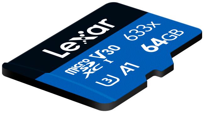 Actual product image Lexar 64GB High-Performance 633x microSDXC UHS-I, up to 100MB/s read 20MB/s write (64 GB, microSDXC, U3, UHS-I)