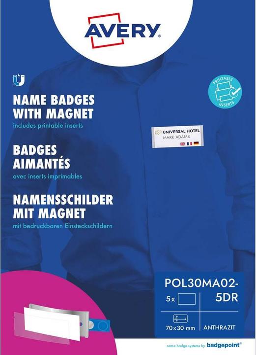 Actual product image Badgepoint POL30MA02-5DR Name badges, 65 x 30 mm, dark grey