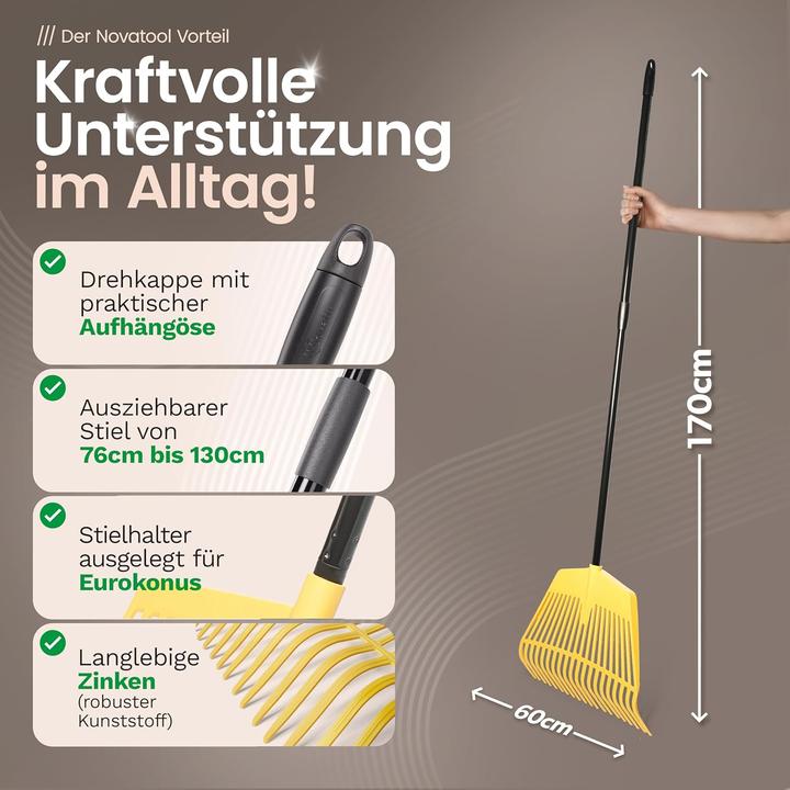 Actual product image Novatool 2X Laubbesen mit Teleskop-Stiel bis 152cm, 2 in 1 Kombigerät, Laubbesen und Laubgabel mit 2
