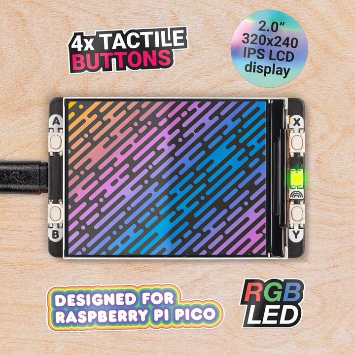 Pimoroni Pico Display Pack 2.0, 320x240 IPS LCD, 4 Tasten, RGB LED