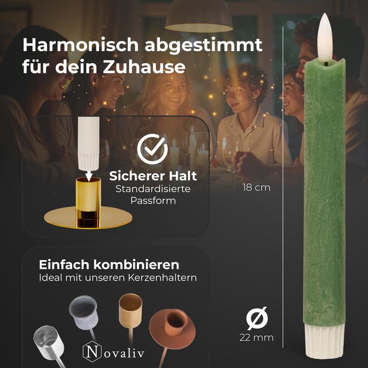 Produktbild Novaliv Stabkerzen LED mit Timer Grün 6 Stück indoor - 6 Stunden - ECHTWACHS 18cm Höhe für Kerzen 2,2cm (6x)