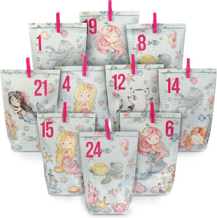 Calendario Dell'Avvento Fai Da Te - 24 Sacchetti Di Carta Kraft Colorati, Con Mollette E Adesivi Numerati, Da Riempire Per Aspettare Il Natale - 4