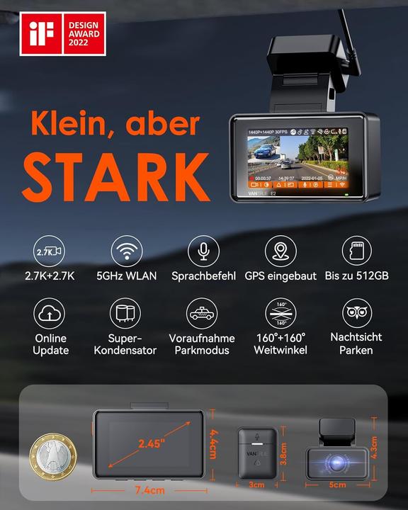 Produktbild Vantrue E2 Dual 1944P (Eingebautes Display, GPS-Empfänger, WLAN, 2.7K)