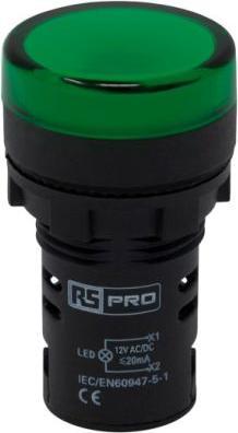 RS PRO Panel Mount Green LED Pilot Light, 22mm Cu