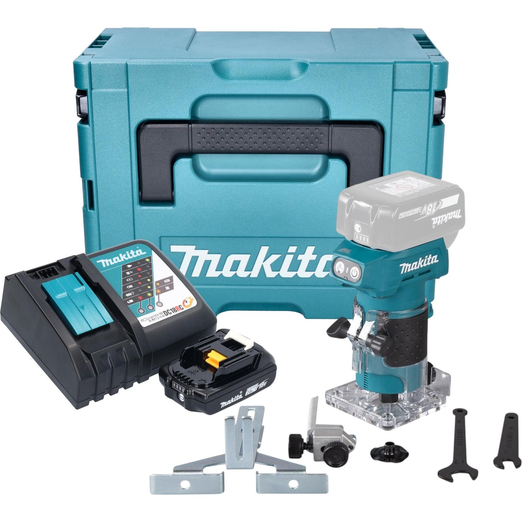Makita, Fräse, DRT 52 RA1J Akku Kantenfräse 18 V 6 mm Brushless + 1x Akku 2,0 Ah + Ladegerät + Makpac