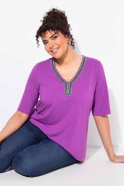 Image du produit Ulla Popken T-shirt tunique, manches courtes, large liseré fantaisie tout autour du décolleté (58)