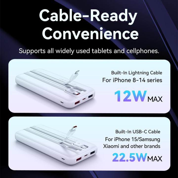 Produktbild Vention 10000mAh Power Bank (Micro-USB + USB-C + USB-A + USB-A) with Built-in USB-C and Lightning Cables 22. (10000 mAh, 22.50 W, 22.50 Wh)
