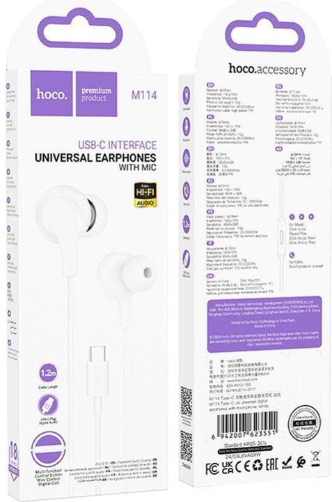 Actual product image Hoco Wired headphones wire earphones Type C with microphone M114 white (Cable)