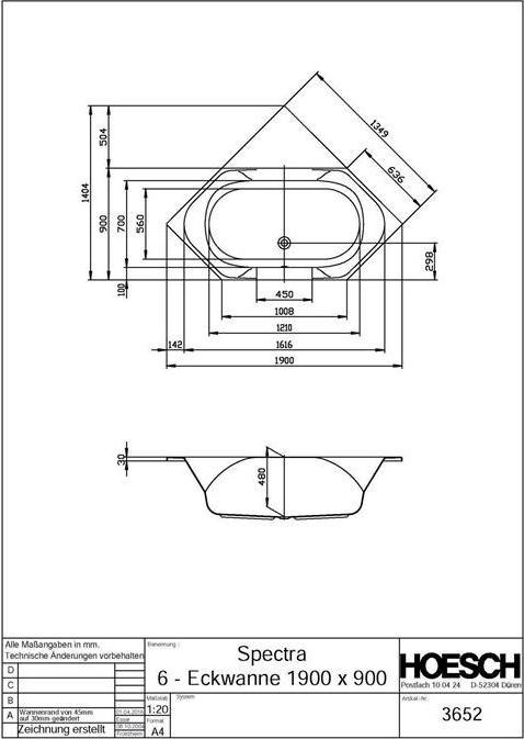Immagine prodotto Hoesch Vasca da bagno a 6 angoli SPECTRA 1900x900x480mm bianca (220 l, 190 cm, 90 cm)