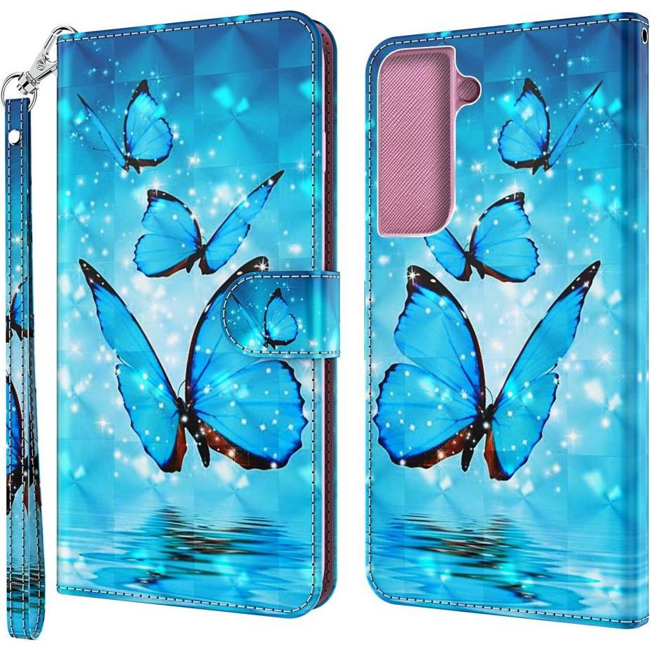 Thumbnail - Cover-Discount Galaxy S22 - Etui Glitzer Effekt Schmetterlinge blau (Samsung Galaxy S22+), Smartphone Hülle, Blau